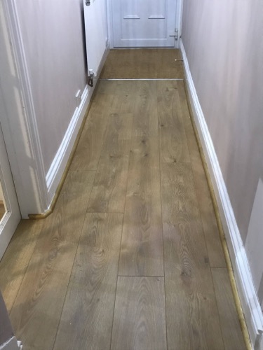 Laminate entrance hall with custom front door rug and trim